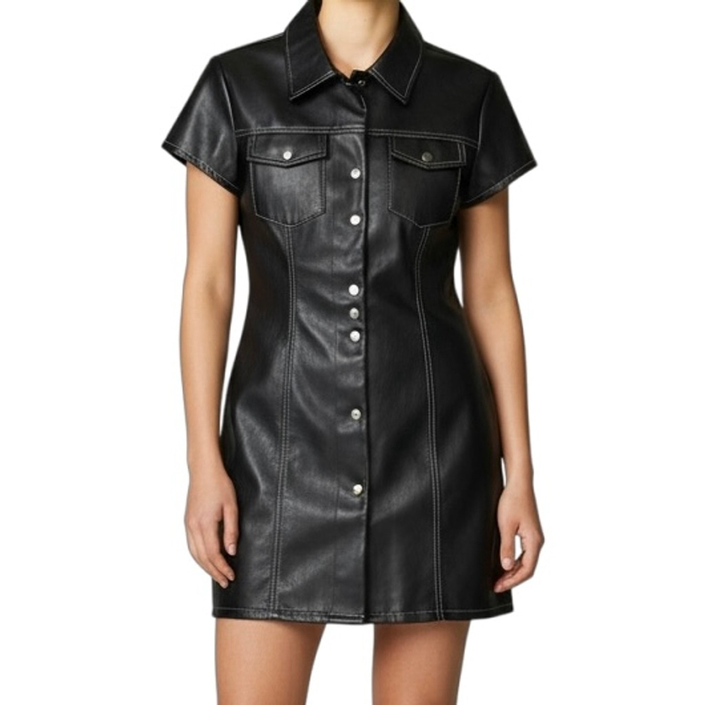 Vintage 90s Y2K Giorgio Fiorlini Black Faux Leather Vinyl Mini Dress Size 9